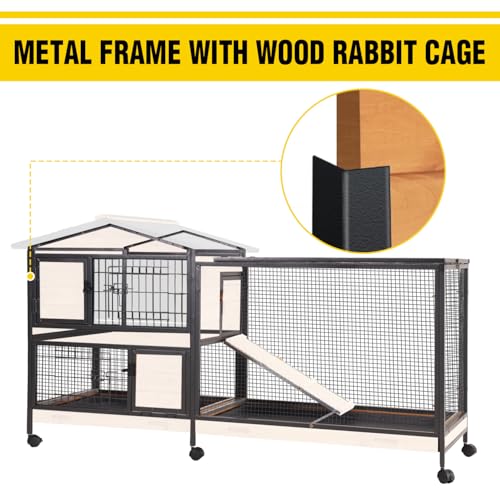 Rabbit Hutch Indoor with Metal Frame Rabbit Cage with Pull Out Tray No Leakage Bunny Cage with Wheel Guinea Pig Cage (Orange)