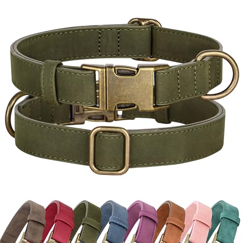 Soft PU Leather Dog Collar for Small Dogs (S：Fit 10-15" Neck, Width ⅝" / Dark Green)