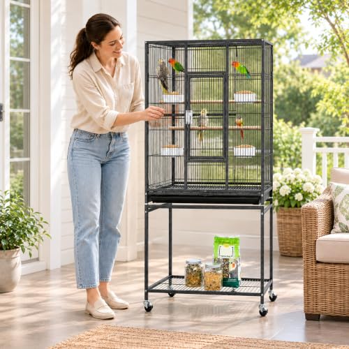 54 inch Wrought Iron Standing Large Parrot Parakeet Flight Bird Cage for Small Parrot Sun Parakeet Green Cheek Conure Lovebird Budgie Finch Canary Bird Cage with Stand (Hammertone Black)