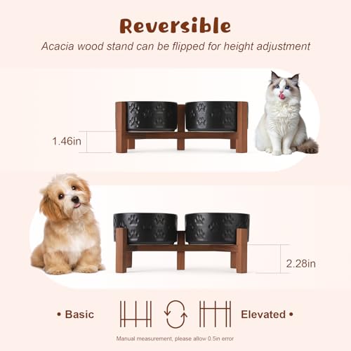 Ceramic Elevated Dog Bowl Set with Acacia Wood Stand for Food and Water for Cats and Small Dogs (13.52 Oz / Dog Paw Black)