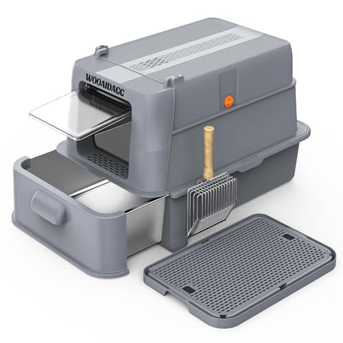 Enclosed Stainless Steel Cat Litter Box with Odor Control (Dark Grey)