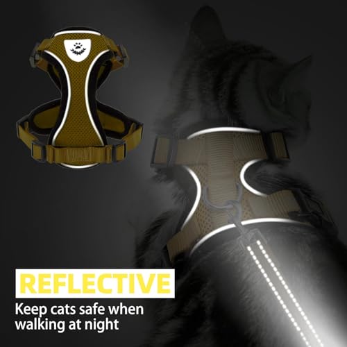 Cat Harness and Leash Set Escape Proof Reflective Cat Walking Harness Adjustable Soft Breathable Mesh Vest for Small Pets (M (NECK 11"-13.7", CHEST 16"-20") / Yellow)