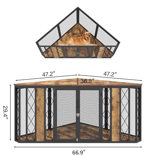 Corner Dog Crate Furniture for Medium to Large Dogs (Brown / 66.9"L x 36.8"W x 29.4"H)