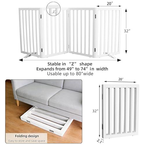 Freestanding Indoor Dog Gate for House Foldable Wood White Puppy Gate for Doorways Pet Gate for Stairs Extra Wide Pet Fence 32" Height 4 Panels (White / 【4 Panels】80''w x 32''h)