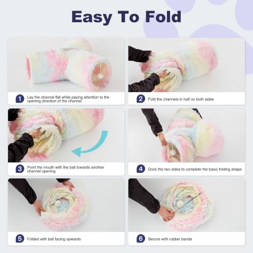 Plush Pet Cat Tunnel Tube Cat Toys 3 Way Collapsible (Plush Rainbow / Small)