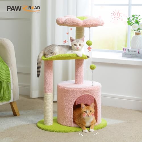 Flower Cat Tree 32" Small Cat Tower with Curved Perch Bed (Small-32 inches / Pink)