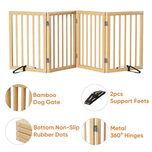 Natural 37 74" Wide Dog Gate for Stair (Bamboo Dog Gate Natural / 4 Panel - 74 inches Wide)