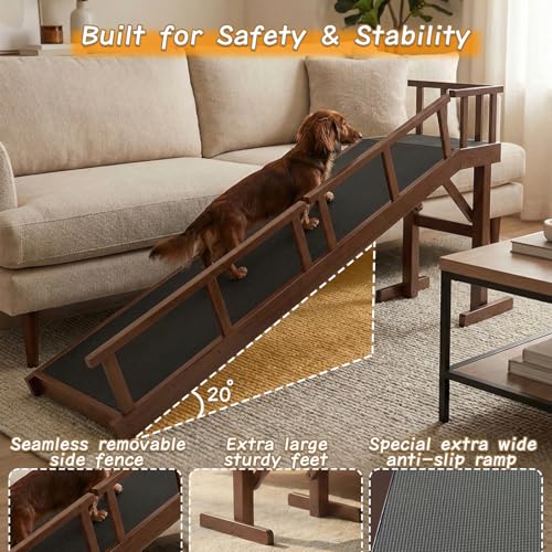 73" Dog Ramp for Bed with Rest Platform & Glow Strips (Brown / 73.2"L x 25"H x 15.7"W)
