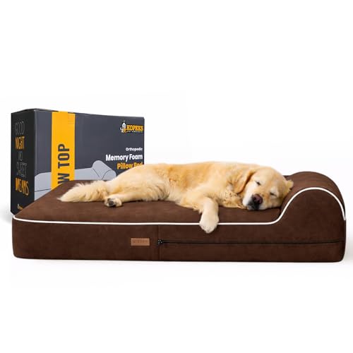 Orthopedic Memory Foam Dog Bed 7" Inch Thick Extra Large Dog Bed With Pillow Brown 50"x34"x10" Includes Waterproof Liner & Durable Removable Cover With Smart Design (Brown / XL - 50"x34"x10")