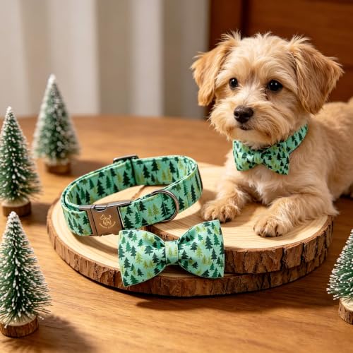 Dog Collar Green Pine Tree Print Dog Collar with Bow (Pine Tree / X-Large (Pack of 1))