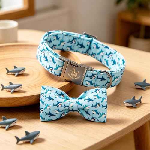 Dog Collar Boy Shark Print Dog Collar with Bow Tie (Summer Shark / X-Small (Pack of 1))