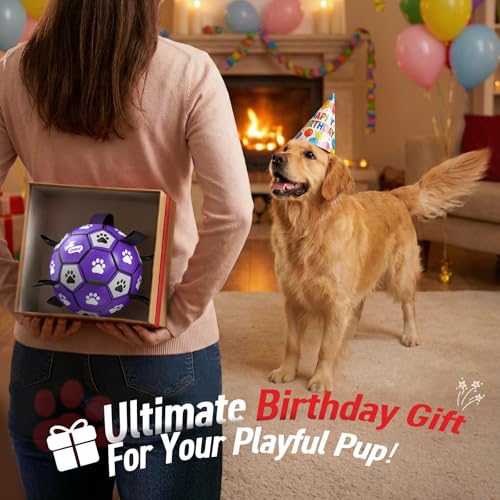 Soccer Ball for Dogs with Straps (Purple White / 8 Inch)