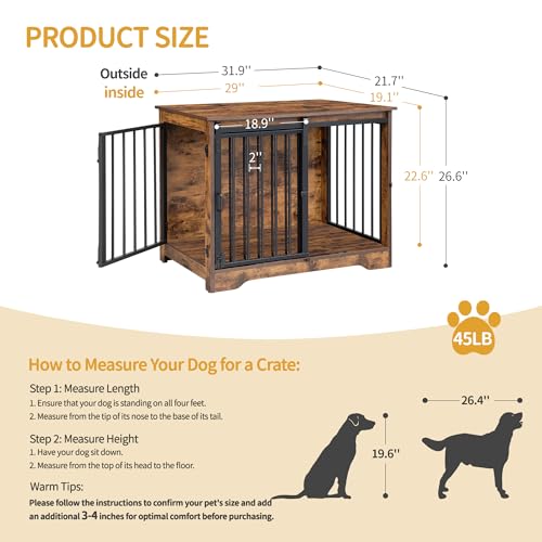 31.9" M Dog Crate Furniture Indoor Dog Kennel with Barn Door (Rustic Brown / 31.9"L x 21.7"W x 26.6"H)