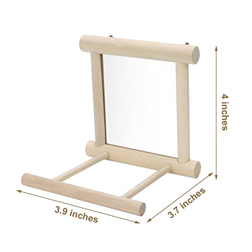 Bird Mirror with Perch for Parakeet Cage Bird Toys (Wood color)