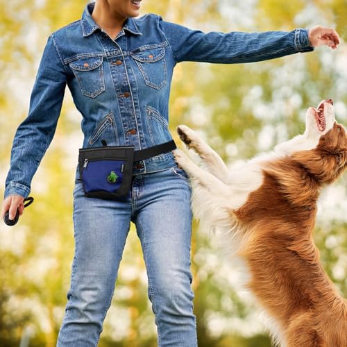 2 Cup Dog Treat Pouch with Training Clicker (F-Black/Blue)