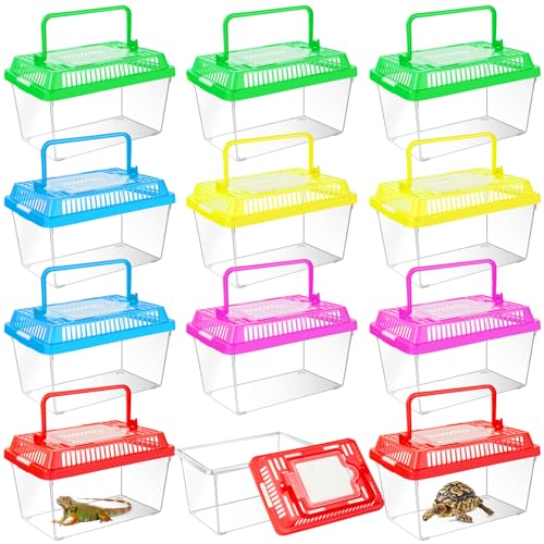 12Pcs Plastic Reptile Terrariums Carrier Cage Tarantula Enclosure Snake Breeding Box Hatching Container Transparent Fish Tank Turtle Aquarium with Random Color Lid for Spider (XS)