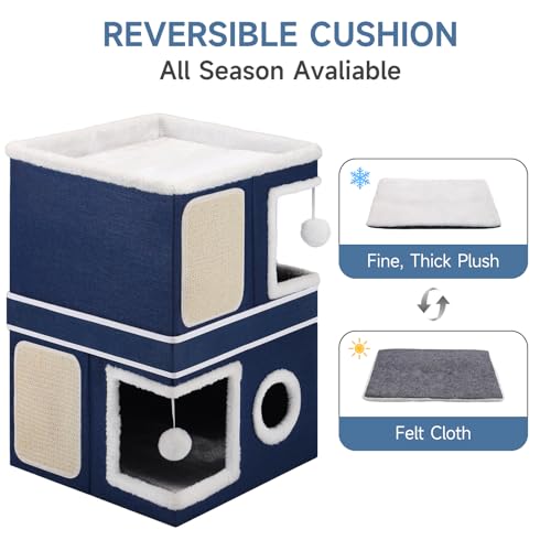 2 Story Cat House beds for Indoor Cats with Scratch Pads Blue (Blue / Double)