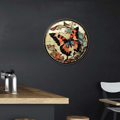 Metal Sign Tin Sign Circular Stained Glass Butterfly Bar Signs for Home Decor for Yard 12×12 Inches (12×12 Inches / Butterfly-1)