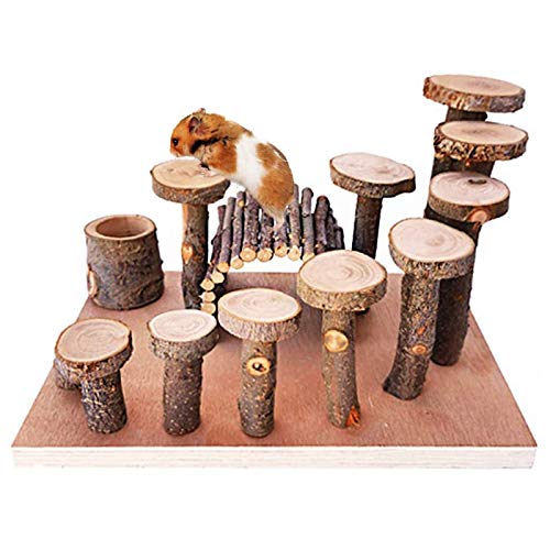 Wooden Hamster Platform Toy Chinchilla Activity Playground Stand Ladder Guinea Pigs Hideout Set Bridge Ramps Chew Toys for Mouse Gerbil Rat Sugar Glider Syrian Dwarf Hamster Small Animals (Platform with wooden bridge)