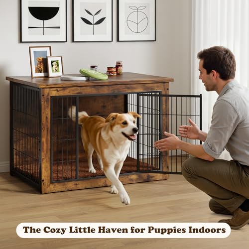 Wooden Dog Crate Furniture with Thick Cushion (L (38.8" x 25.7" x 27") / Rustic)