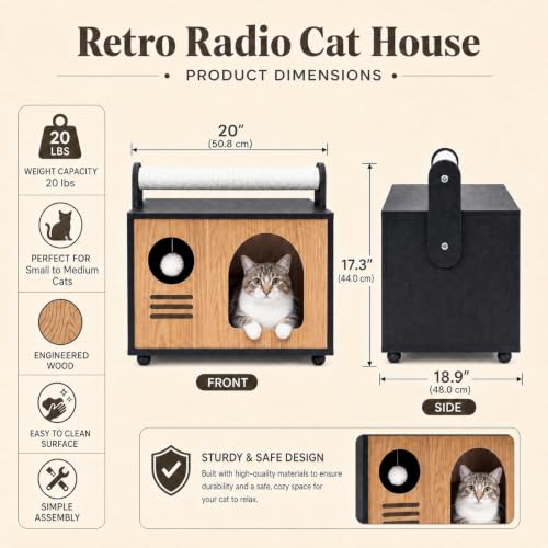 Wooden Cat House with Top Scratching Post for Indoor Cats