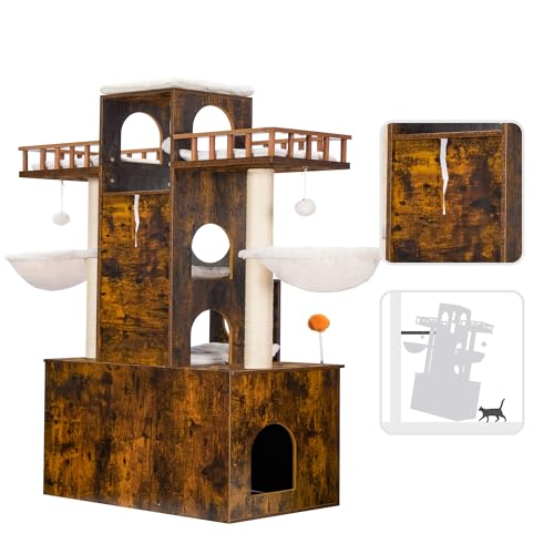 Cat Tree with Litter Box Enclosure for Indoor Big Cat HCT110SR (Rustic Brown / 60 inch)