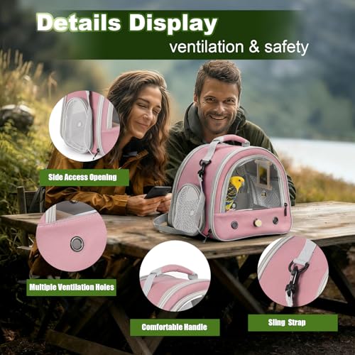 Portable Parrot Travel Cage Carrier with Small Swing Toy&Cage Colorful Toys Set Small Bird Parakeet Bag with Standing Perch Bird Carry Transport Bag (Pink / Carrier/mirror)
