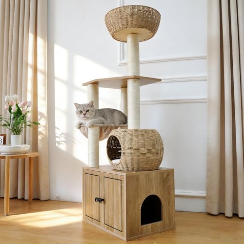 56.7" Tall Rattan Cat Tree for Indoor Cats (21.7"L x 15.6"W x 56.7"H)