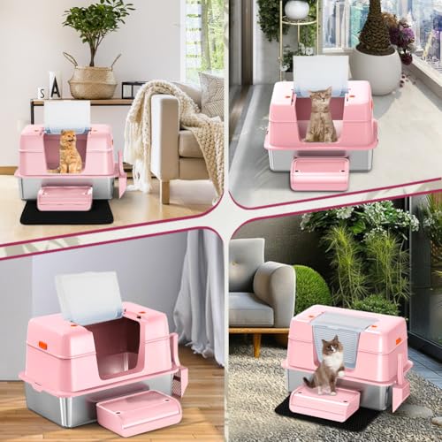 Pink Stainless Steel Covered Cat Litter Box (Pink((With Mat&Step))