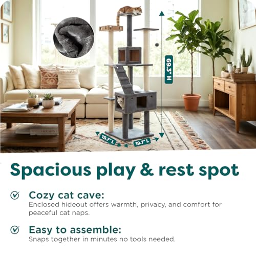 69.3" Tall Cat Scratching Post Tower for Indoor Cats (Cat Tower / Double Decker Playground (Gray))