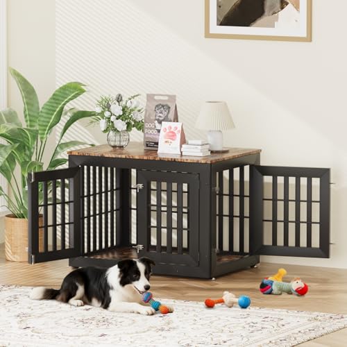 38" Heavy Duty Dog Crate Furniture for Large (37.4"L x 25.8"W x 27.4"H / Black+Brown)