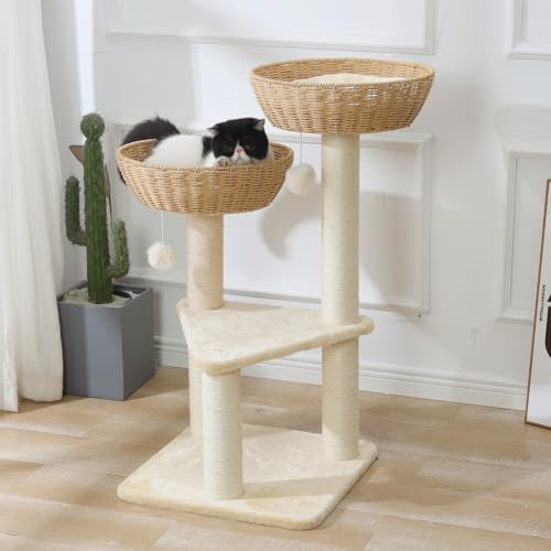 Cat Tree Tower with Rattan Wicker Basket (2 baskets)