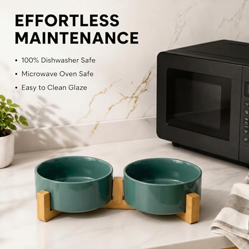 Ceramic Dog and Cat Bowl Set with Wooden Stand (1.7 cups / Light Green × 2)
