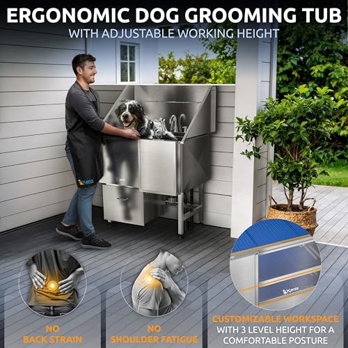 Professional Dog Washing Station 304 Stainless Steel Pet Wash Sink (Silver, Right Ramp, 1 Drawer / 40 Inches)