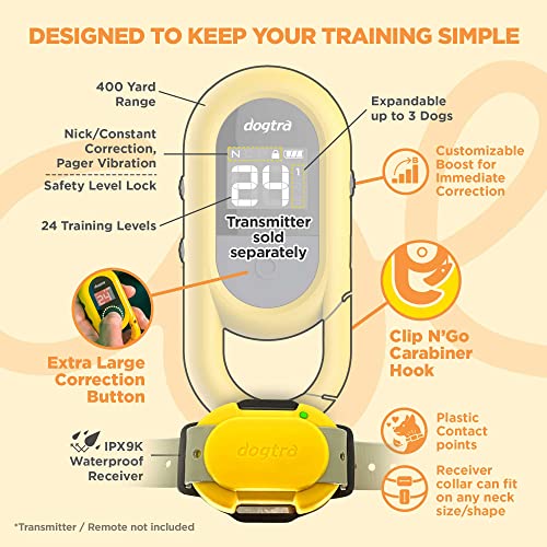 CUE Add On Yellow Ecollar with Safety Level Lock Boost Vibration Waterproof Rechargeable for Small Medium Large Dogs Dog Training Collar by Dogtra (CUE Receiver Only - Yellow)