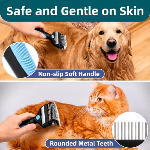 3-IN-1 Pet Grooming Tool - Undercoat Rake, Dematting Comb & Deshedding Brush for Cats, Dogs, Horses - Removes Mats, Tangles & Loose Fur, Reduces Shedding & Prevents Hair Mess (Blue) (Blue)