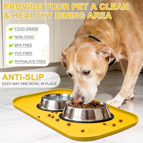 Waterproof Silicone Pet Food Mat with Raised Edge for Dog & Cat (Vivid Yellow / 22"L x 14"W)