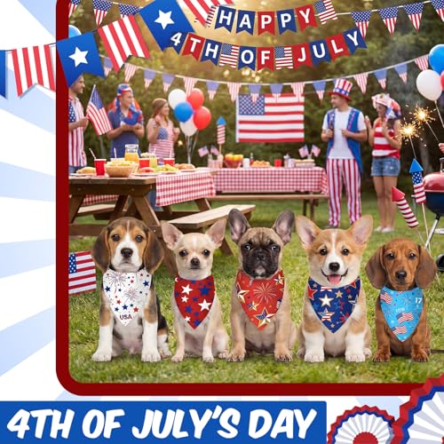 50 Pcs 4th of July Dog Bandanas Bulk for 1776 Patriotic 250th Anniversary Star Red White and Blue Independence Day Flag Scarf for Small Medium Large Outfit (Star / 19.7 x 13.8 x 13.8 Inch)