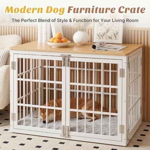 Dog Crate Furniture 42 Inch Indoor Crate for Large Dog Wooden Kennel (White / 42.1"L x 30.0"W x 30.2"H)