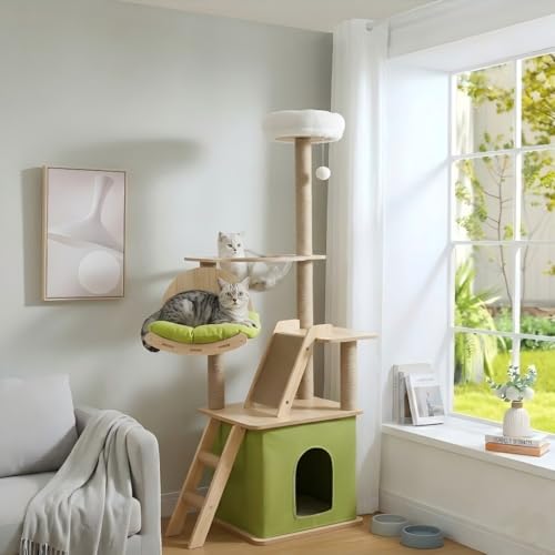 59.1-Inch-Green Cat Tree for Indoor Cats Large Adult, with Cat Condos,Cat Scratchers,Cat Hammock,Space Capsule, Plush Jumping Platform,Hanging Ball,Cat Trees for Indoor Cats(Green/Log Color) (Y18)