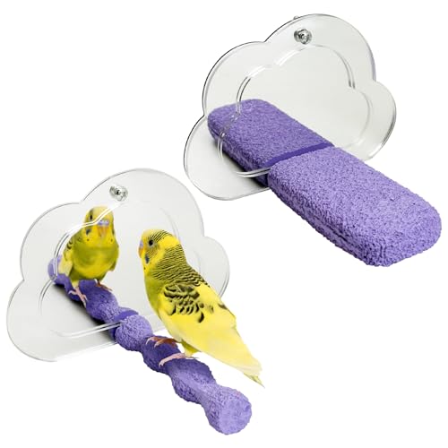 2 PCS Bird Mirror with Perch Resin Parakeet Perches Hanging Parrot Toys Interactive Bird Cage Accessories for Cockatiel Conure Lovebird Finch