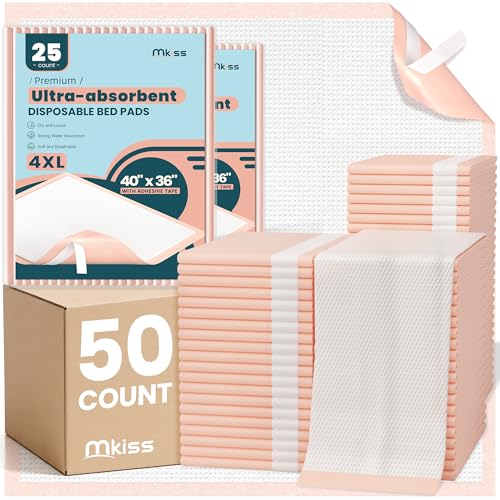 Extra Large Bed Pads with Adhesive Strips 40" x 36" 50 Count (40"x36"-50Pcs(with Adhesive Stripes))