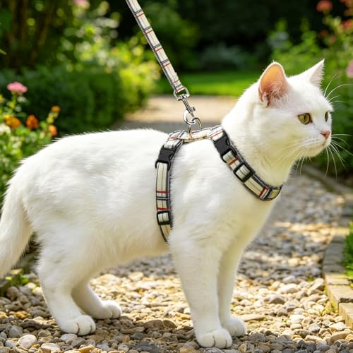 Adjustable Cat Harness and Leash Set Escape Proof Kitten Strap Collar for Walking Travel (Small / Beige(Plaid))