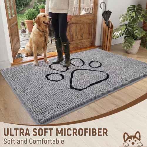 Absorbent Dog Door Mat for Muddy Paws (60"L x 24"W x 1" Th / Grey With Paw)