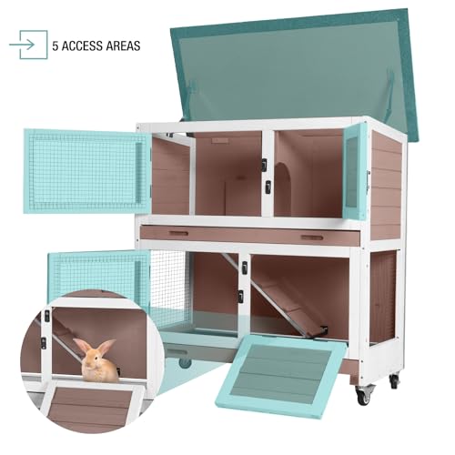 2 Tier Rabbit Hutch Indoor Bunny Cage with Wheels for Small Animals (Beige)