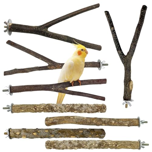8 PCS Natural Bird Wood Perch Parakeet Standing Toy Sticks Parrot Paw Grinding Branches Cockatiels Cage Chewable Accessories for Conures Macaws Finches