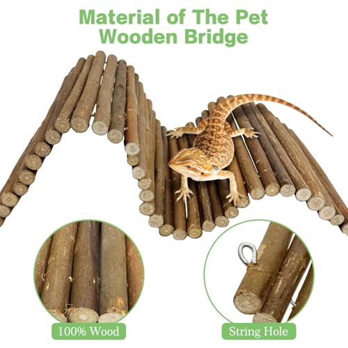 2 PCS Bendable Wooden Reptile Hideout Ladder Bridge Hiding Hut Tunnel Toys Climbing Bridge Chew Toy Habitat Accessories for Bearded Dragons Ball Python Guinea Pigs Rabbits