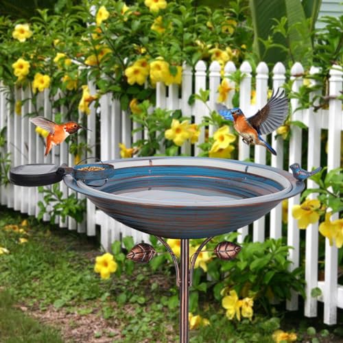 Metal Bird Bath with Stake (Blue-Solar Light)