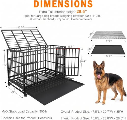 48 Inch Heavy Duty Dog Crate Cage with Wheels (Black)
