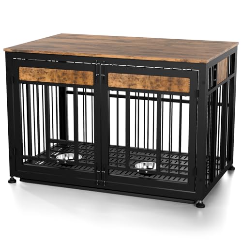 XL Dog Crate Furniture (Rustic Brown & Black / Extra Large Size: 48 x 30.3 x 33 inch)